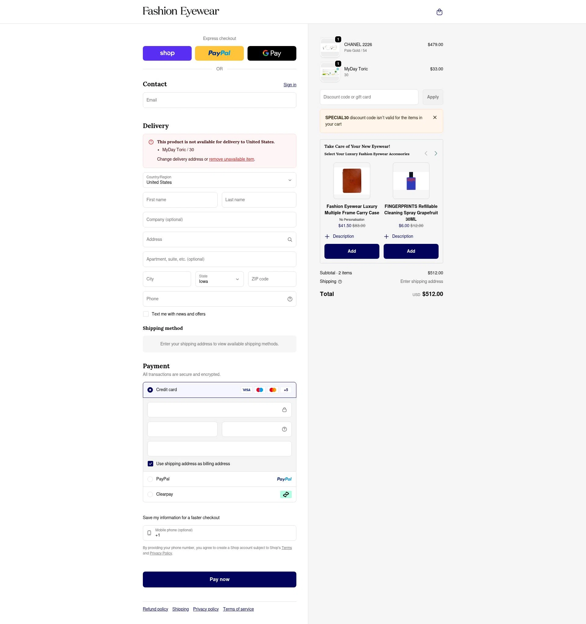 Fashion Eyewear checkout page showing Fashion Eyewear discount code box | Screenshot taken by SimplyCodes community member on Feb 11, 2026