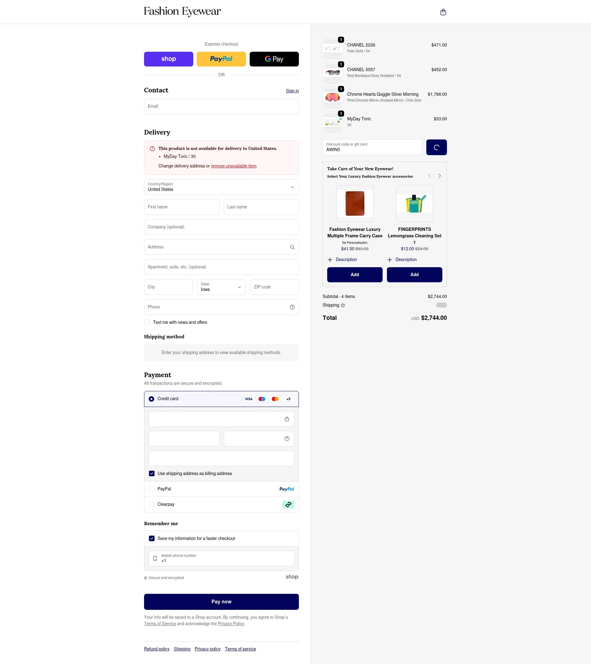 Fashion Eyewear checkout page showing Fashion Eyewear discount code box | Screenshot taken by SimplyCodes community member on Jan 24, 2026