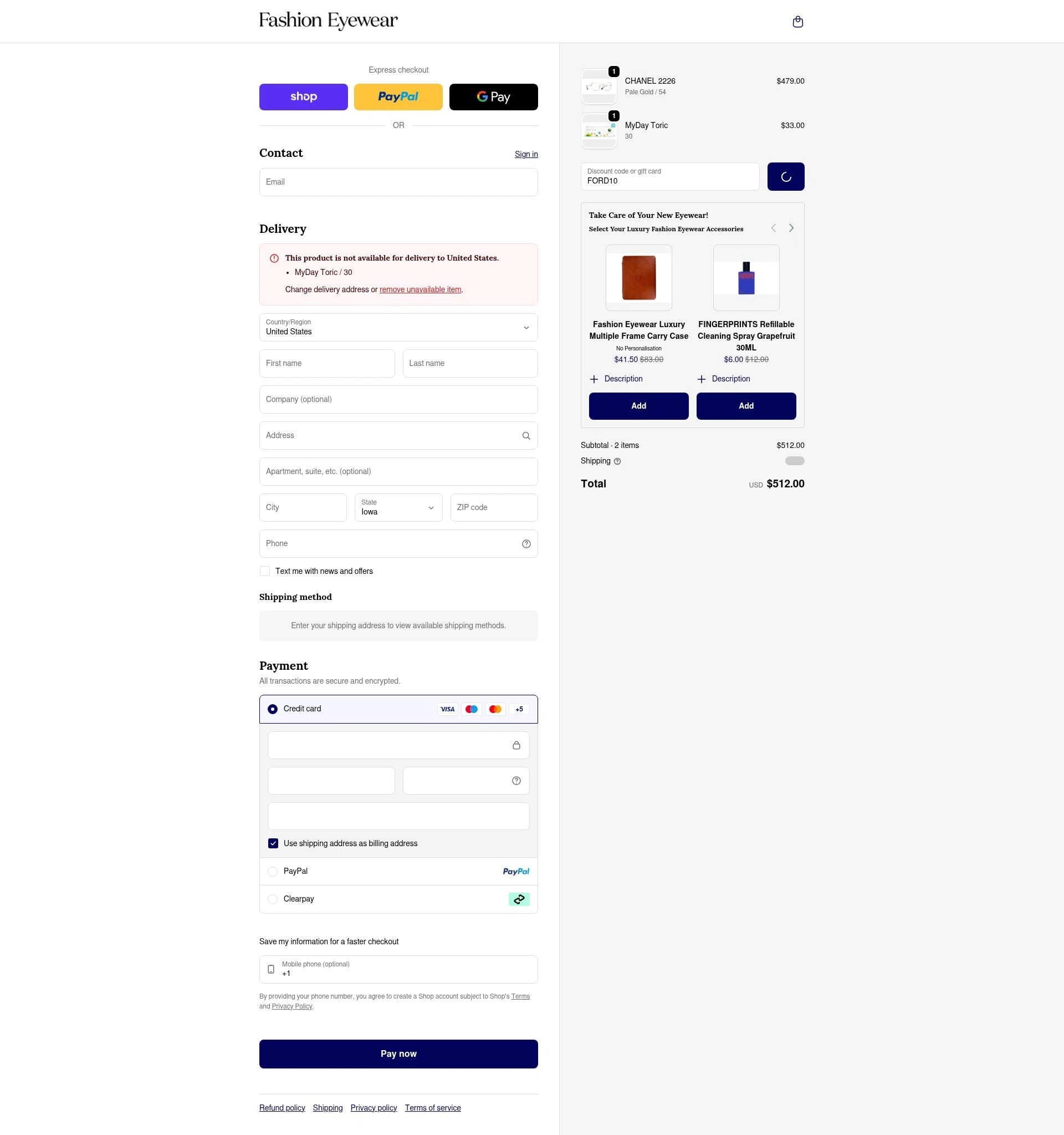 Fashion Eyewear checkout page showing Fashion Eyewear discount code box | Screenshot taken by SimplyCodes community member on Feb 11, 2026