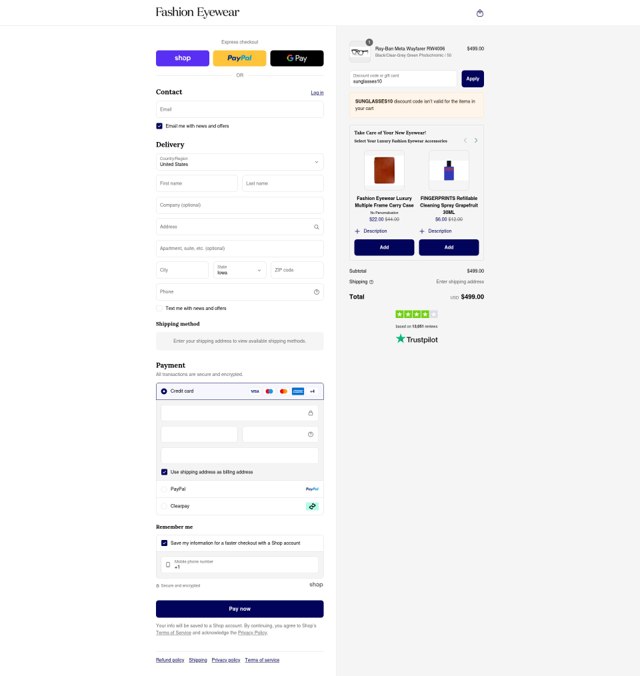 Fashion Eyewear checkout page showing Fashion Eyewear discount code box | Screenshot taken by SimplyCodes community member on Sep 1, 2025