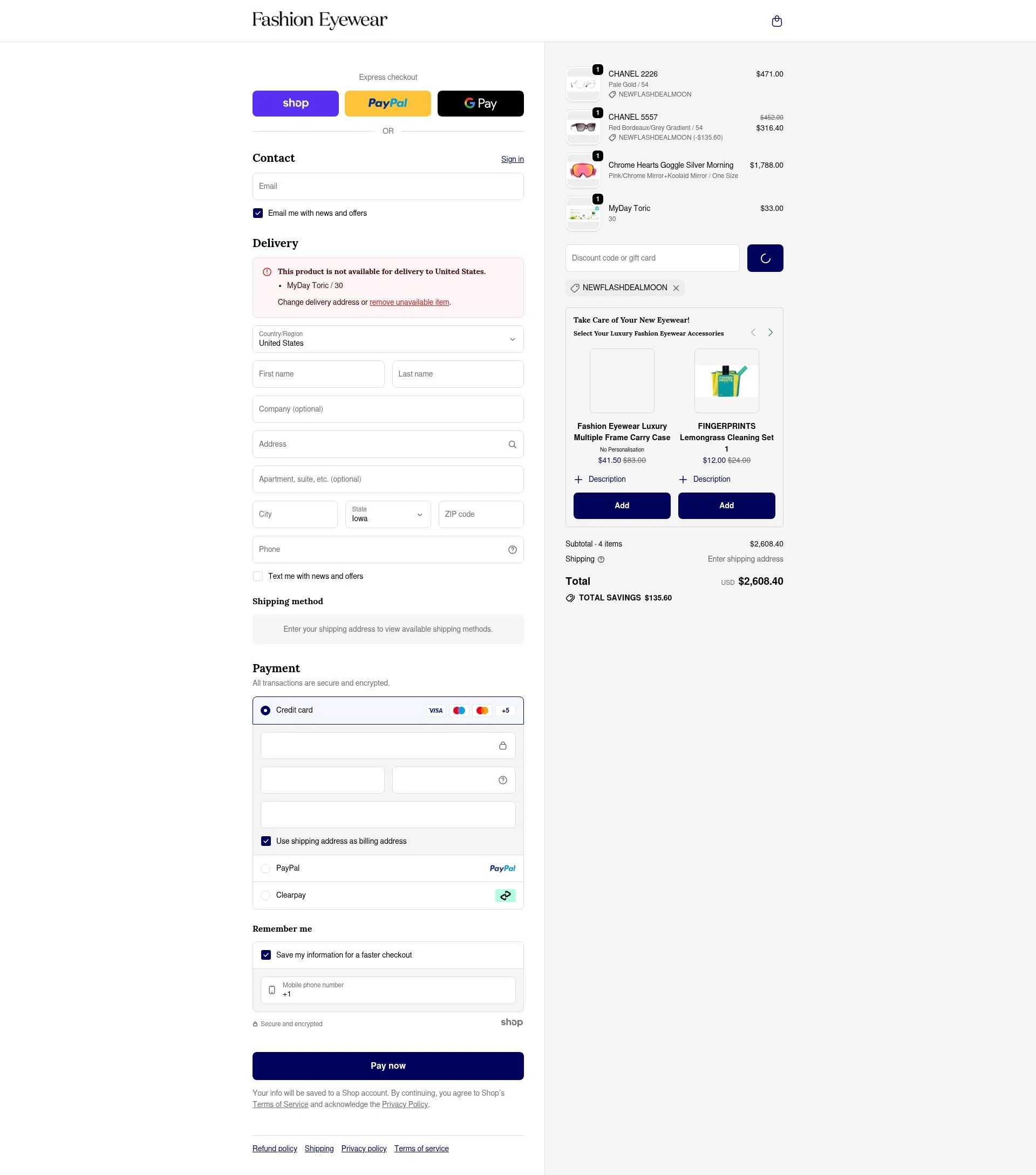 Fashion Eyewear checkout page showing Fashion Eyewear discount code box | Screenshot taken by SimplyCodes community member on Jan 24, 2026