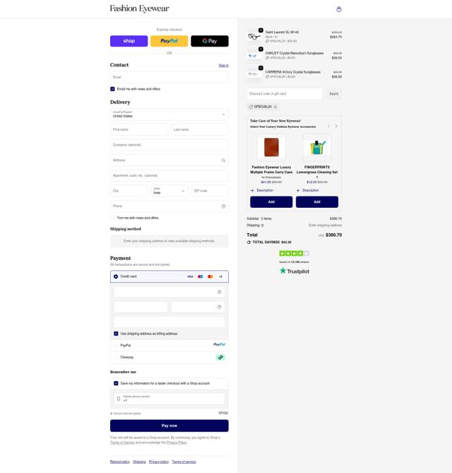 Fashion Eyewear checkout page showing Fashion Eyewear discount code box | Screenshot taken by SimplyCodes community member on Sep 30, 2025
