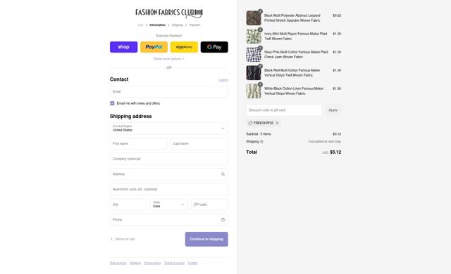 Fashion Fabrics Club checkout page showing Fashion Fabrics Club coupon code box | Screenshot taken by SimplyCodes community member on Sep 8, 2025