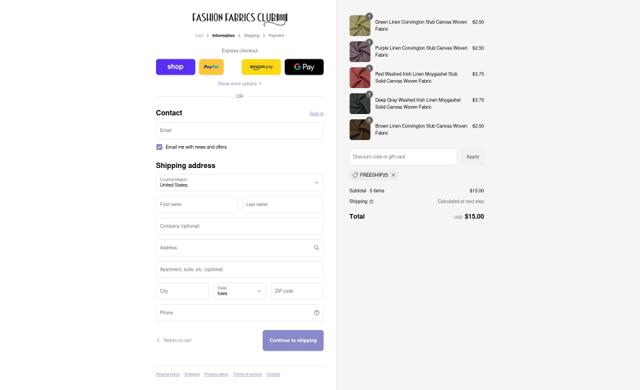 Fashion Fabrics Club checkout page showing Fashion Fabrics Club coupon code box | Screenshot taken by SimplyCodes community member on Sep 12, 2025