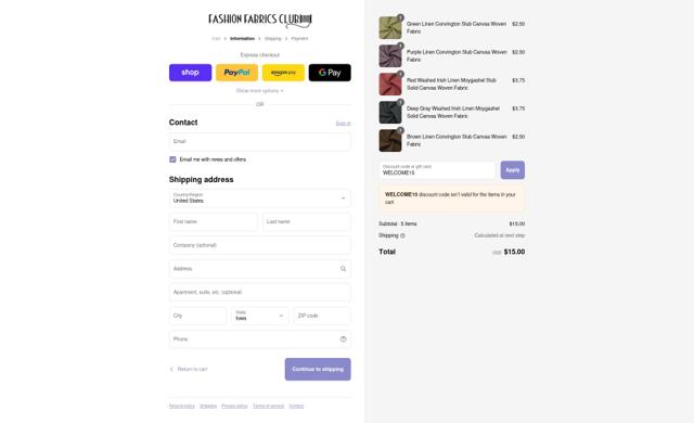 Fashion Fabrics Club checkout page showing Fashion Fabrics Club coupon code box | Screenshot taken by SimplyCodes community member on Sep 12, 2025