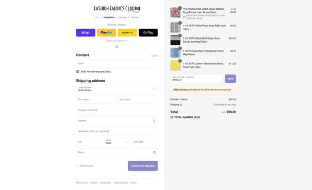 Fashion Fabrics Club checkout page showing Fashion Fabrics Club coupon code box | Screenshot taken by SimplyCodes community member on Aug 31, 2025