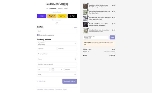 Fashion Fabrics Club checkout page showing Fashion Fabrics Club coupon code box | Screenshot taken by SimplyCodes community member on Sep 8, 2025