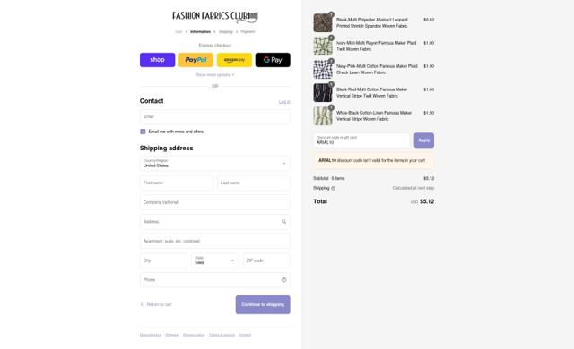 Fashion Fabrics Club checkout page showing Fashion Fabrics Club coupon code box | Screenshot taken by SimplyCodes community member on Sep 8, 2025