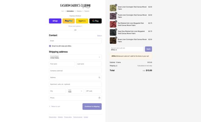 Fashion Fabrics Club checkout page showing Fashion Fabrics Club coupon code box | Screenshot taken by SimplyCodes community member on Sep 12, 2025
