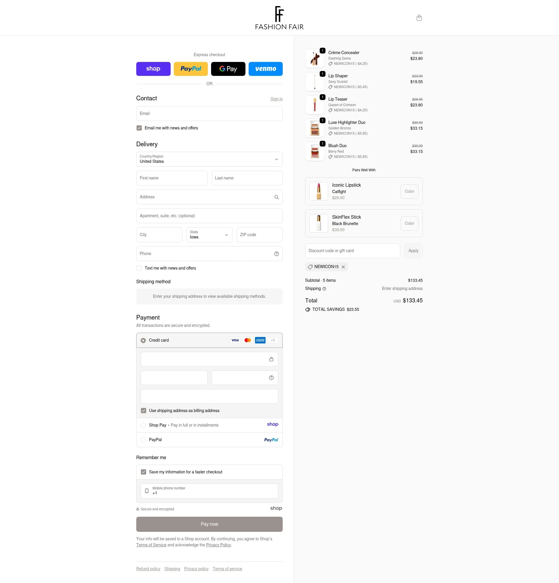 Fashion Fair checkout page showing Fashion Fair coupon code box | Screenshot taken by SimplyCodes community member on Jan 7, 2026