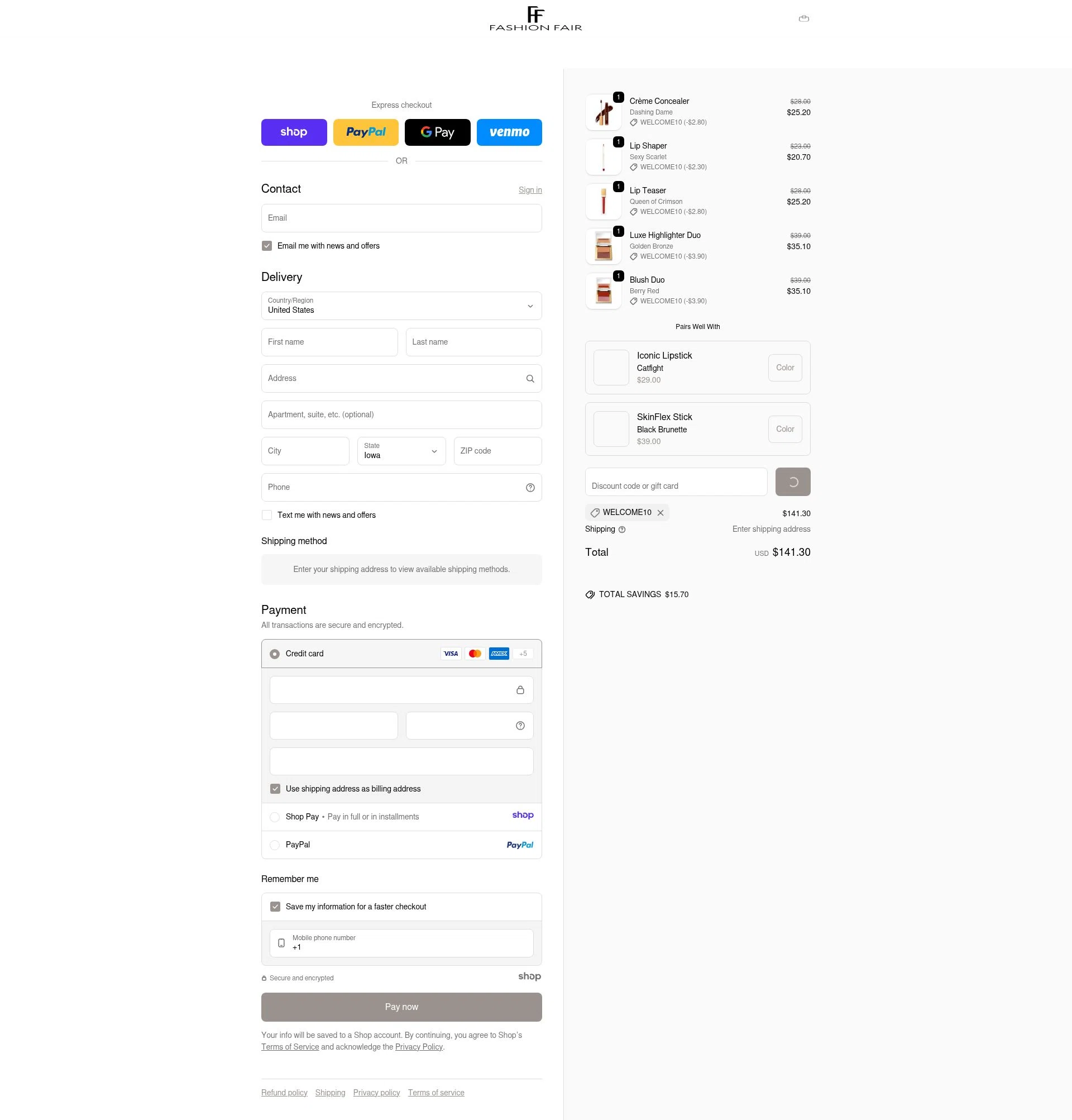 Fashion Fair checkout page showing Fashion Fair coupon code box | Screenshot taken by SimplyCodes community member on Jan 7, 2026