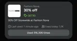 Fashion Nova coupon verification screenshot