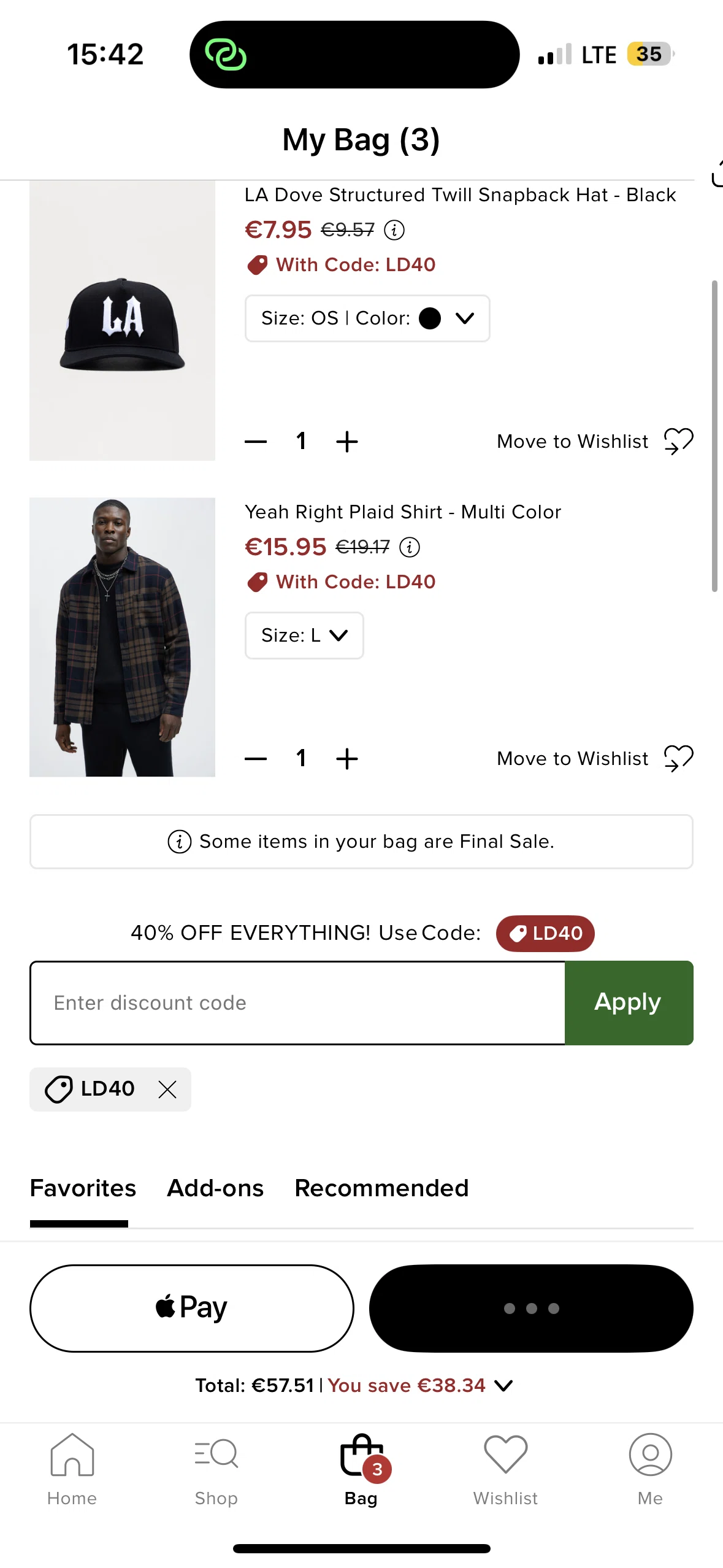 Fashion Nova discount code screenshot showing code LD40 applied at Fashion Nova checkout page. Uploaded by SimplyCodes community member prince on Aug 26, 2025