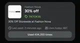 Fashion Nova coupon verification screenshot