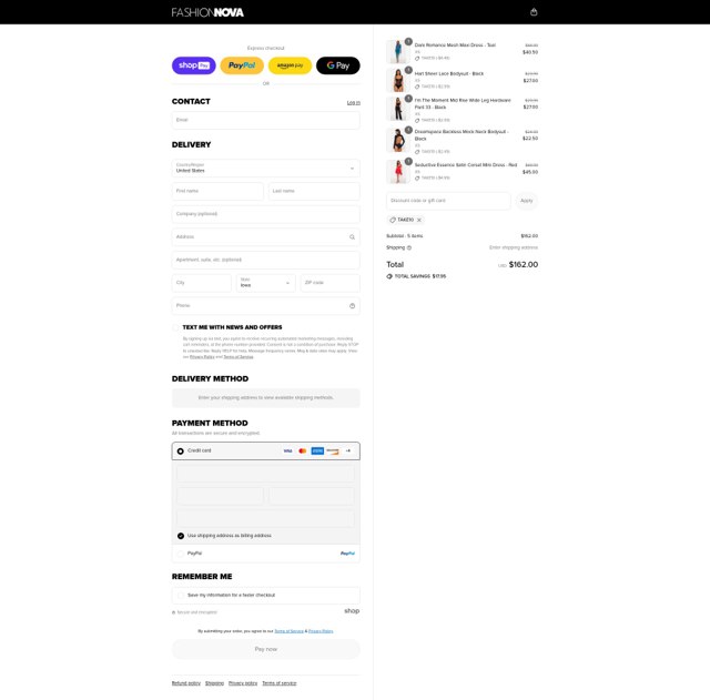 Fashion Nova checkout page showing Fashion Nova discount code box | Screenshot taken by SimplyCodes community member on Aug 27, 2025