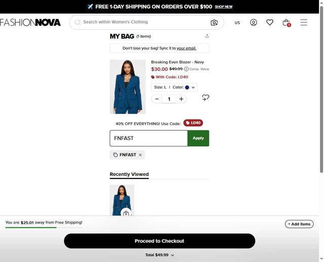 Fashion Nova checkout page showing Fashion Nova discount code box | Screenshot taken by SimplyCodes community member on Aug 27, 2025