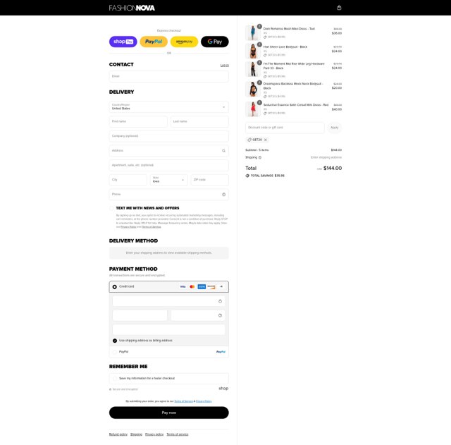 Fashion Nova checkout page showing Fashion Nova discount code box | Screenshot taken by SimplyCodes community member on Aug 27, 2025