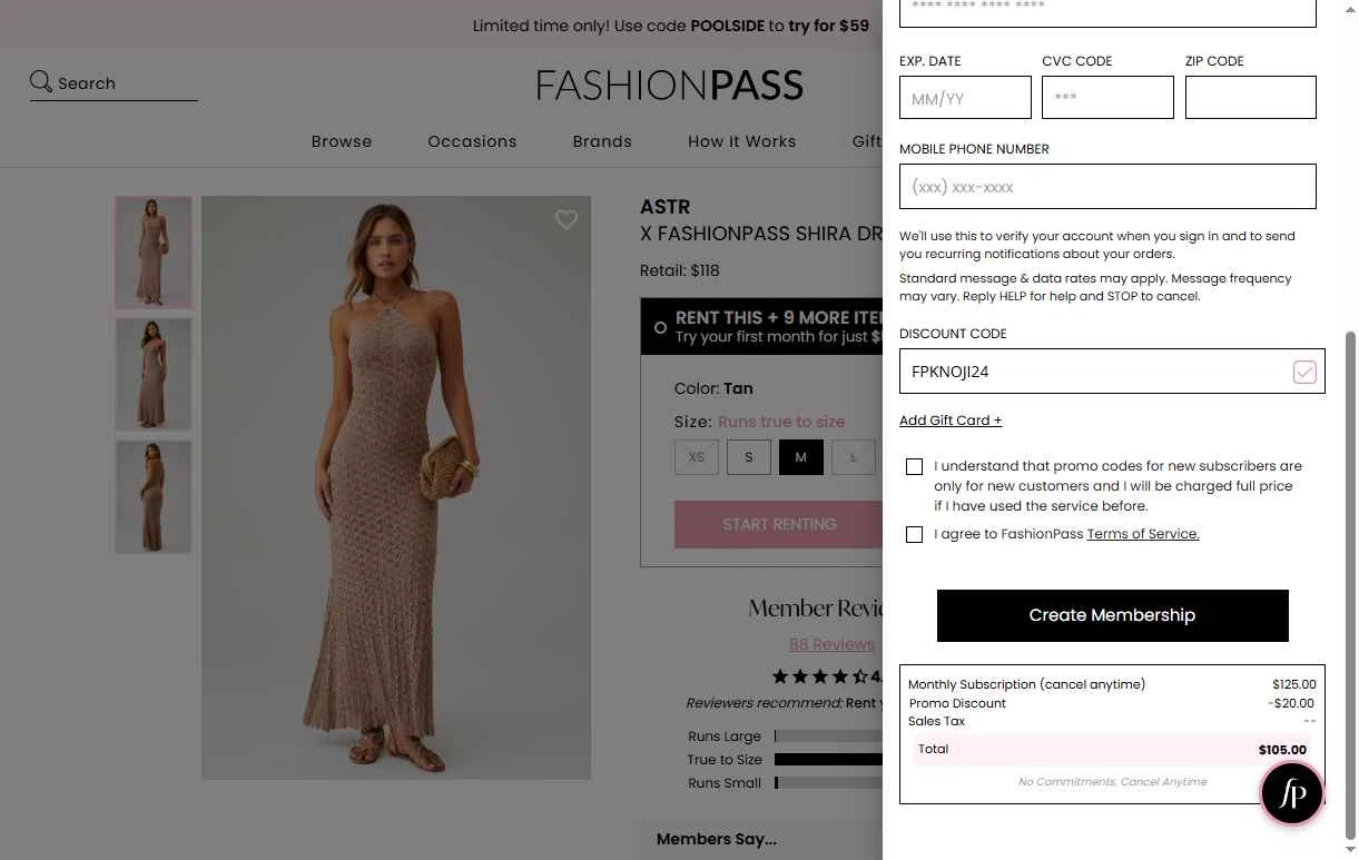 FashionPass checkout page showing FashionPass discount code box | Screenshot taken by SimplyCodes community member on May 7, 2025