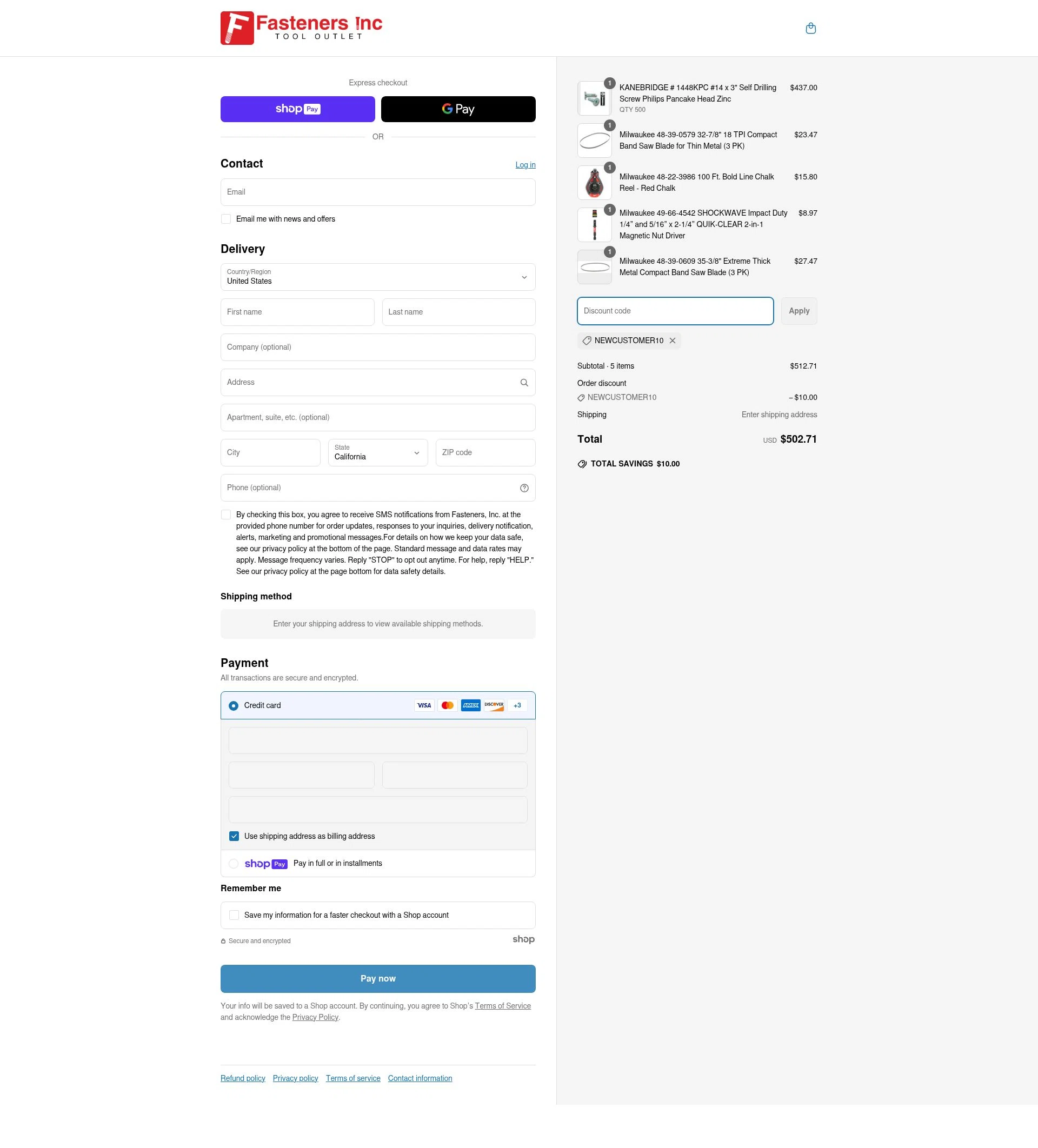 Fasteners Inc checkout page showing Fasteners Inc discount code box | Screenshot taken by SimplyCodes community member on Jun 19, 2025