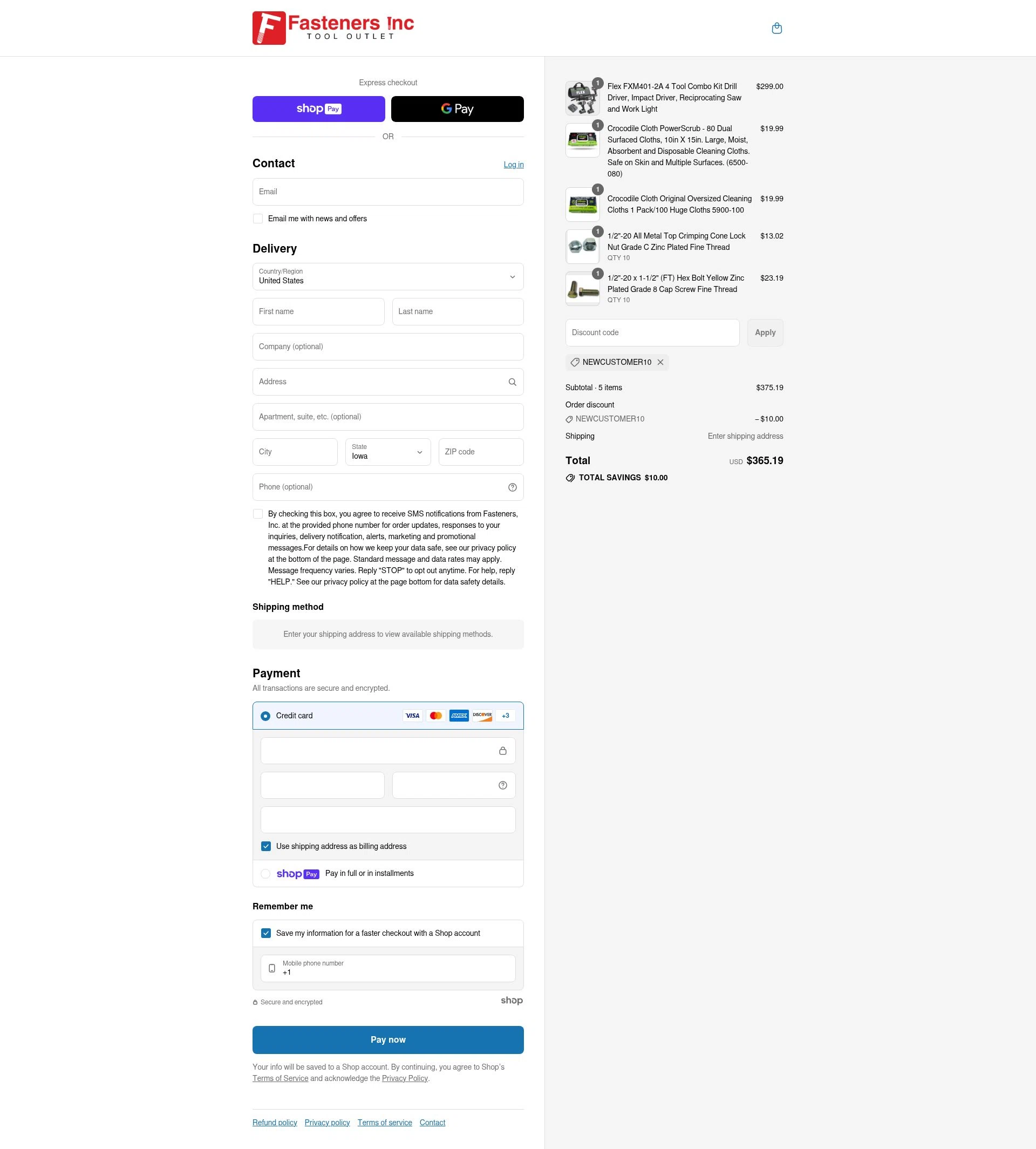 Fasteners Inc checkout page showing Fasteners Inc discount code box | Screenshot taken by SimplyCodes community member on Aug 1, 2025