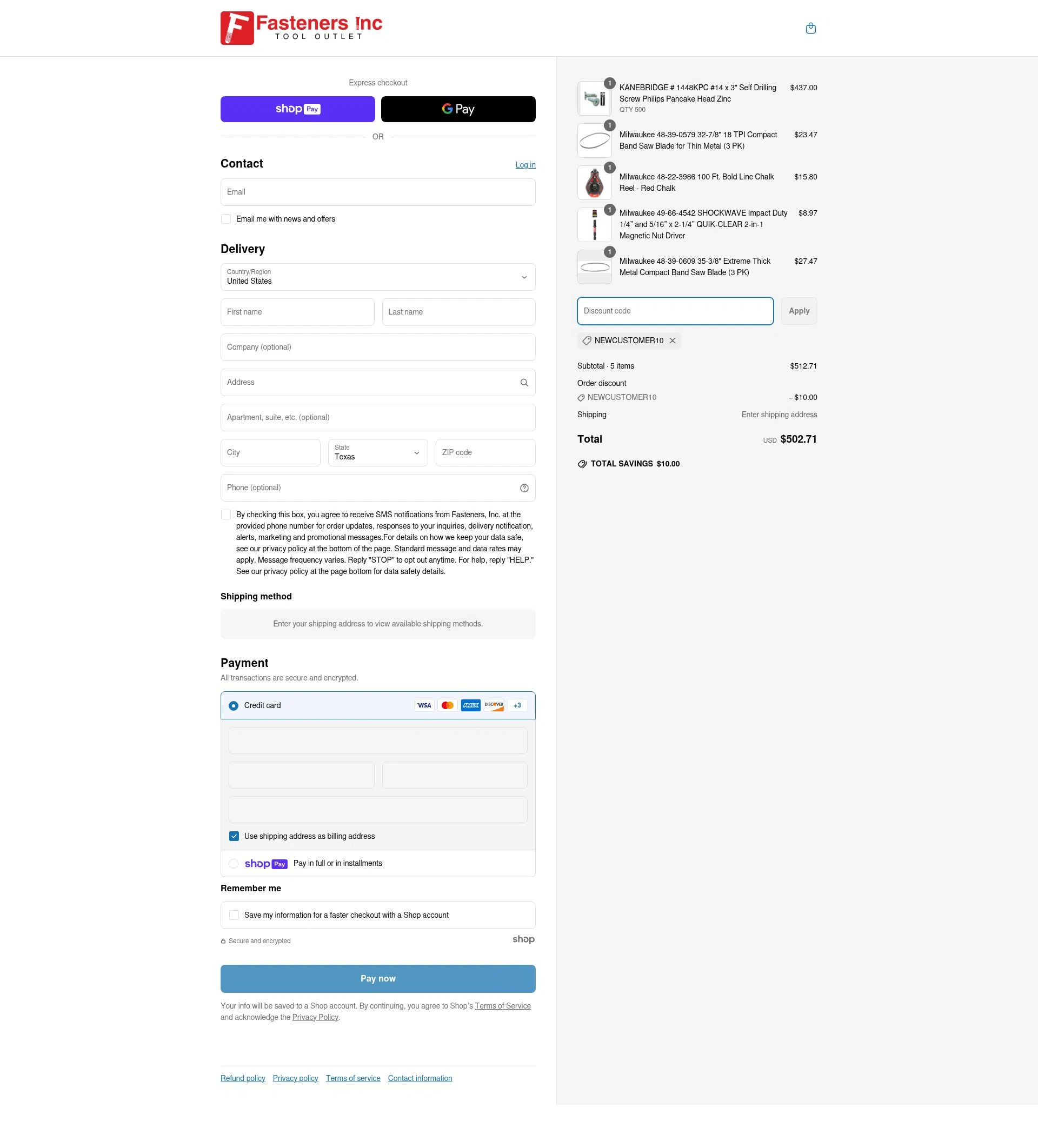 Fasteners Inc checkout page showing Fasteners Inc discount code box | Screenshot taken by SimplyCodes community member on Jun 16, 2025