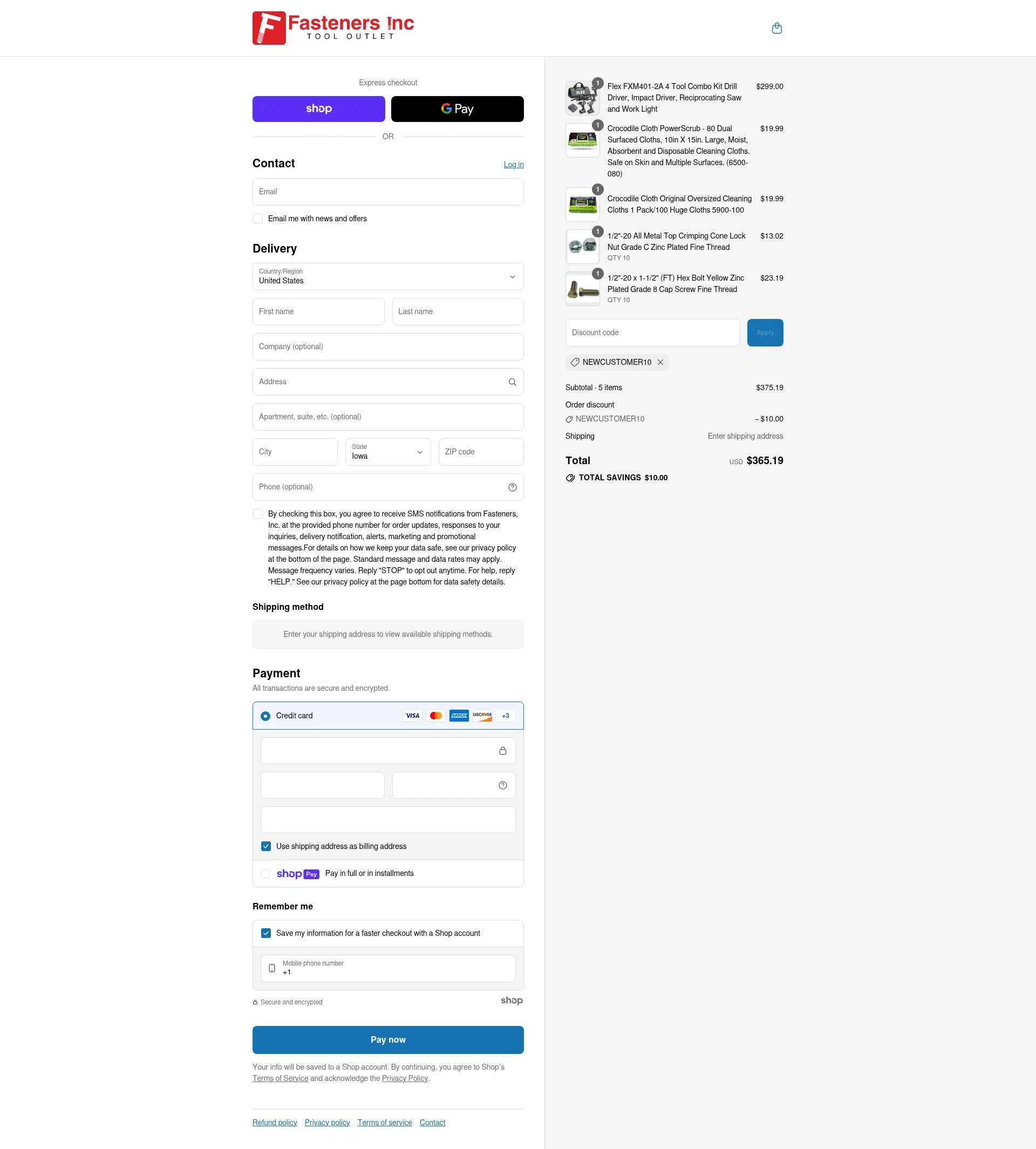 Fasteners Inc checkout page showing Fasteners Inc discount code box | Screenshot taken by SimplyCodes community member on Aug 13, 2025