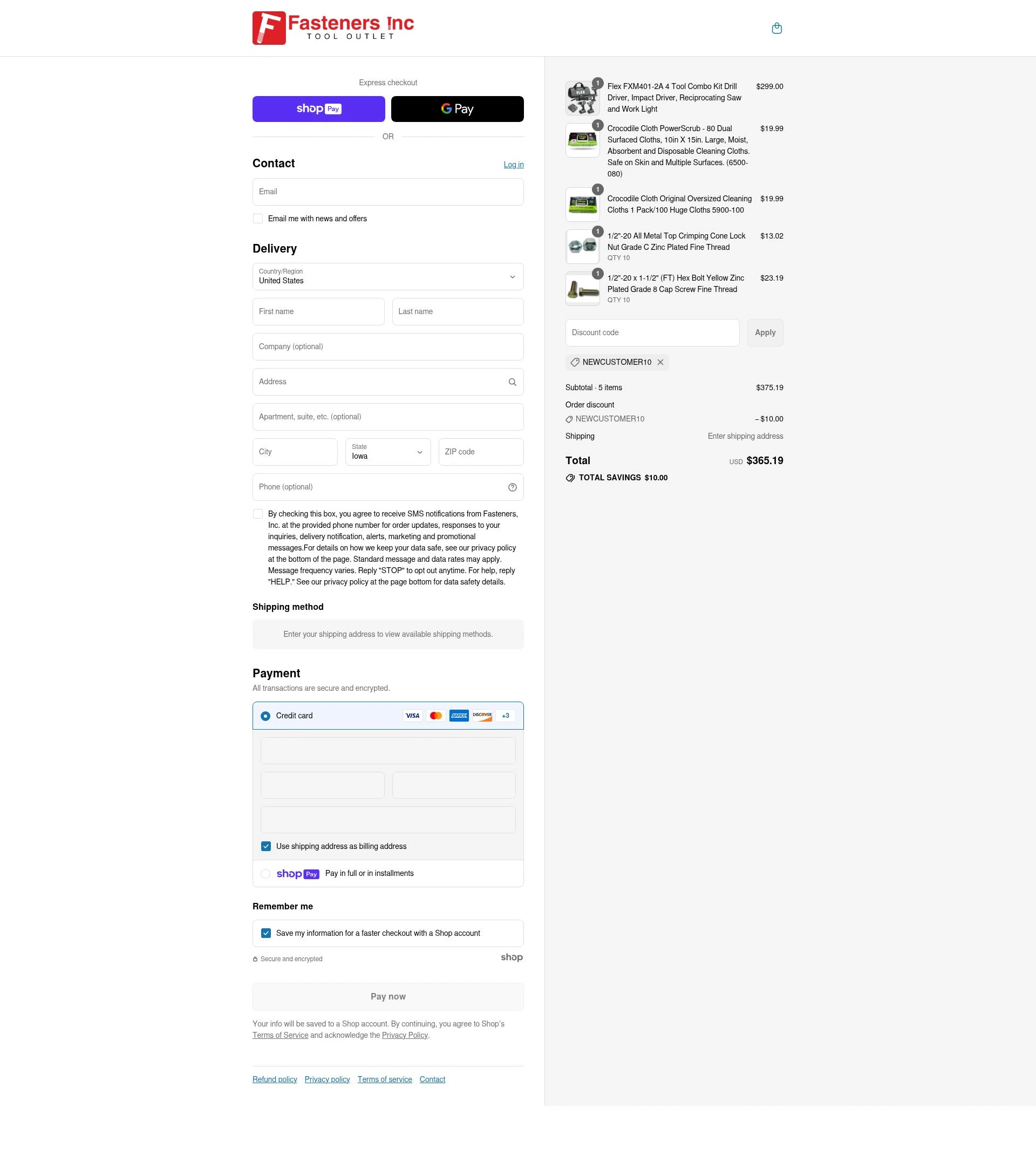 Fasteners Inc checkout page showing Fasteners Inc discount code box | Screenshot taken by SimplyCodes community member on Aug 5, 2025