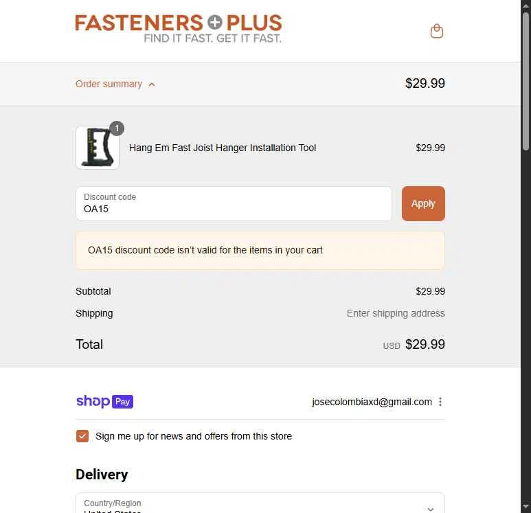 Fasteners Plus checkout page showing Fasteners Plus discount code box | Screenshot taken by SimplyCodes community member on Jul 28, 2025