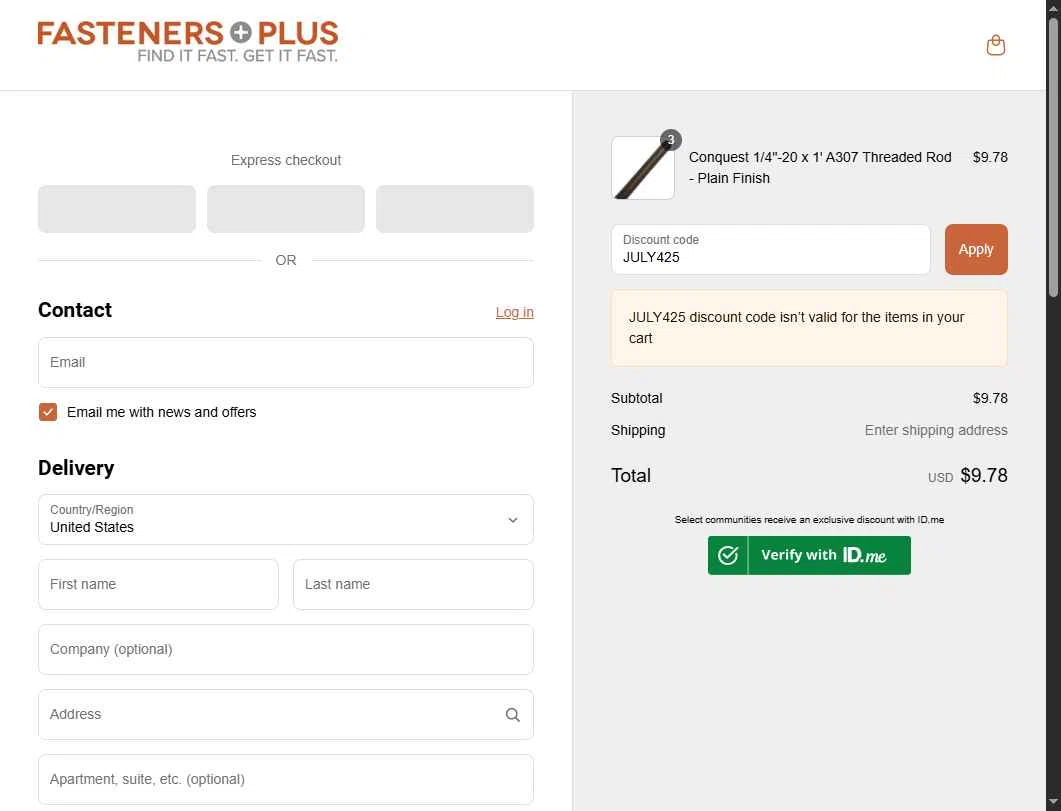 Fasteners Plus checkout page showing Fasteners Plus discount code box | Screenshot taken by SimplyCodes community member on Jul 3, 2025