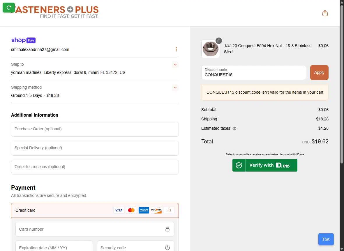 Fasteners Plus checkout page showing Fasteners Plus discount code box | Screenshot taken by SimplyCodes community member on May 12, 2025