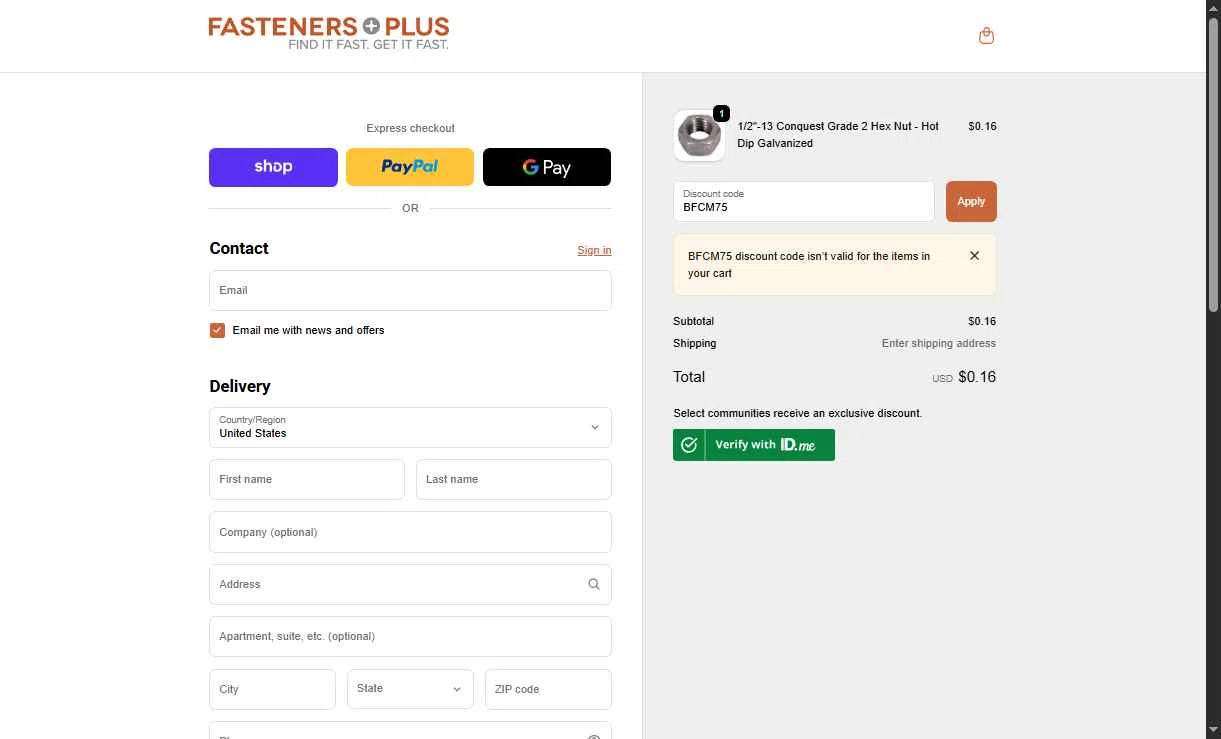 Fasteners Plus checkout page showing Fasteners Plus discount code box | Screenshot taken by SimplyCodes community member on Nov 26, 2025