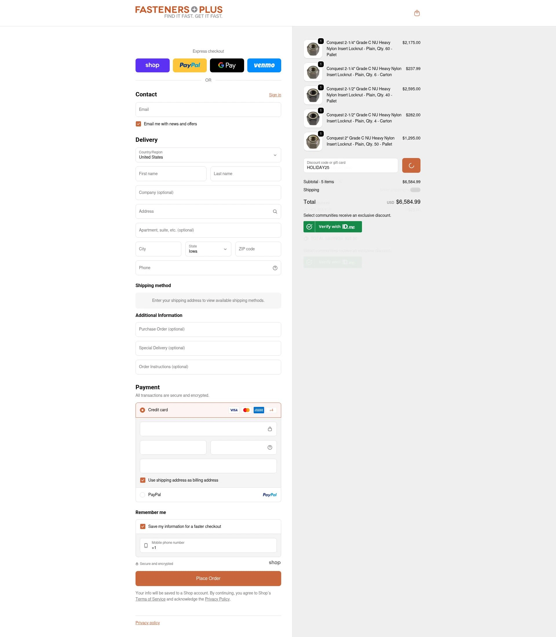 Fasteners Plus checkout page showing Fasteners Plus discount code box | Screenshot taken by SimplyCodes community member on Dec 27, 2025