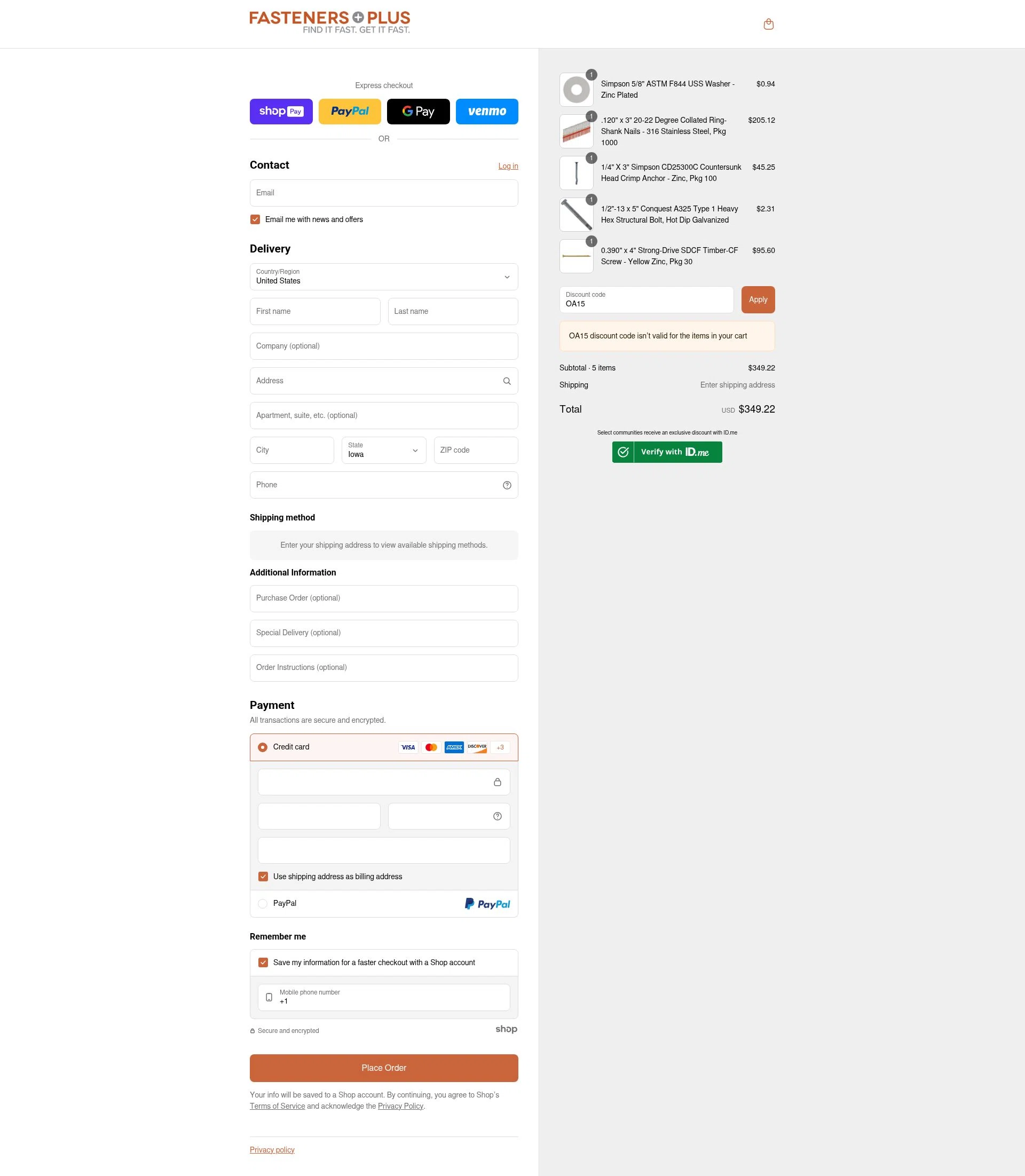 Fasteners Plus checkout page showing Fasteners Plus discount code box | Screenshot taken by SimplyCodes community member on Jul 26, 2025