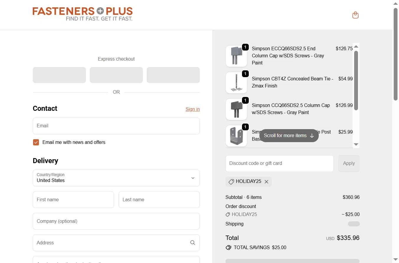 Fasteners Plus checkout page showing Fasteners Plus discount code box | Screenshot taken by SimplyCodes community member on Dec 22, 2025