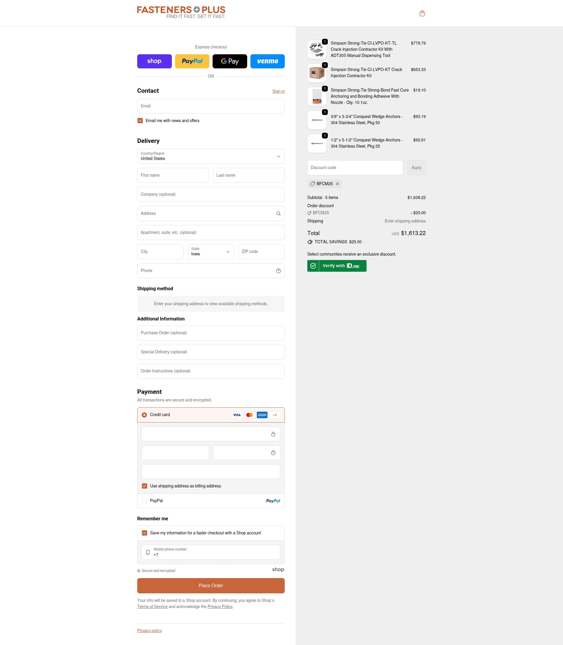 Fasteners Plus checkout page showing Fasteners Plus discount code box | Screenshot taken by SimplyCodes community member on Nov 28, 2025