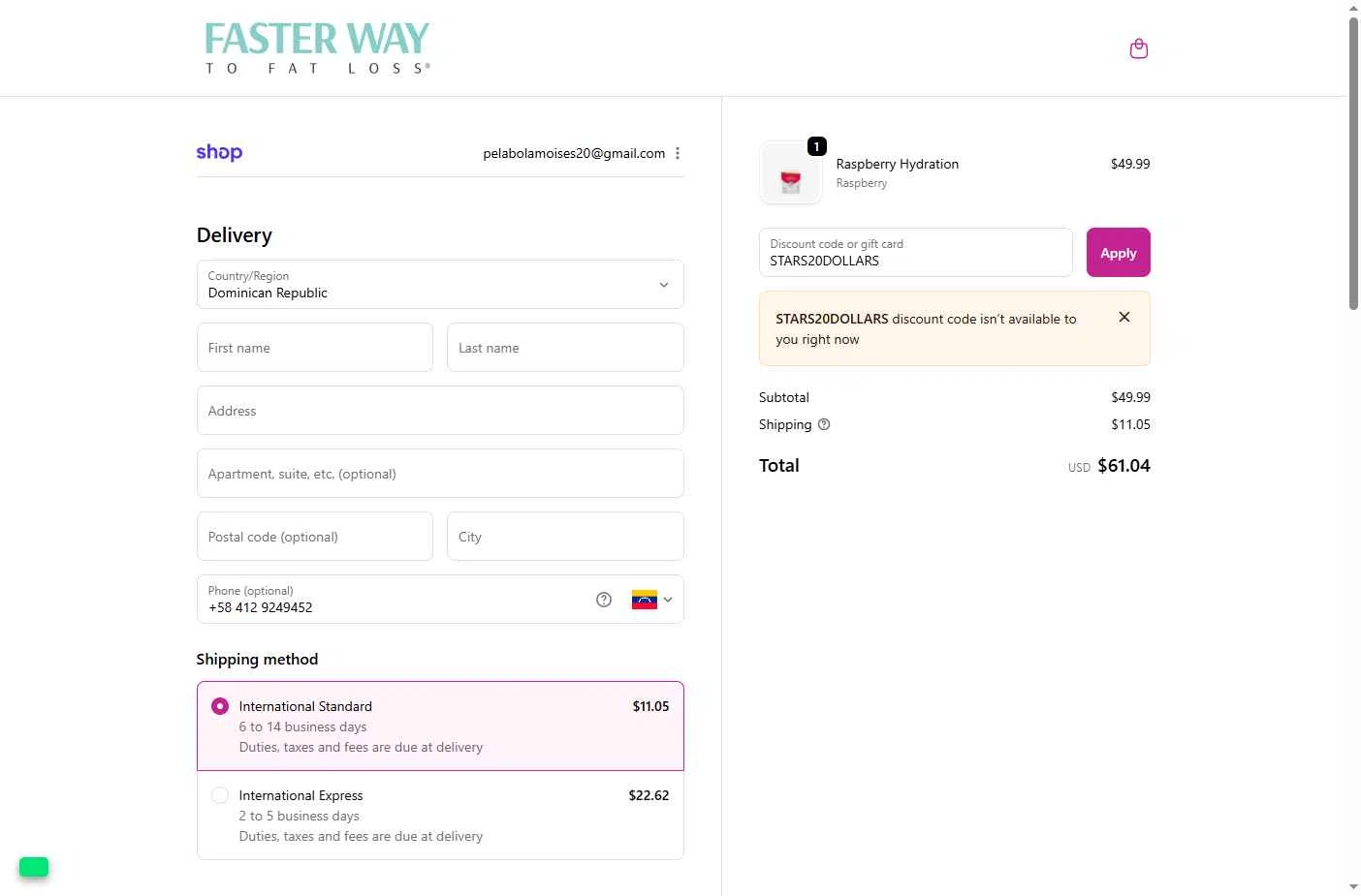 Faster Way To Fat Loss checkout page showing Faster Way To Fat Loss coupon code box | Screenshot taken by SimplyCodes community member on Nov 19, 2025