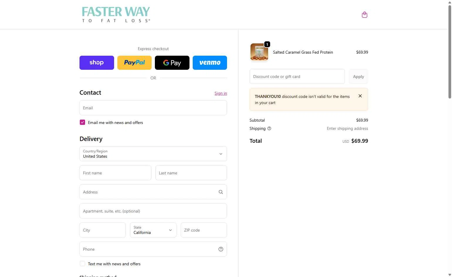 Faster Way To Fat Loss checkout page showing Faster Way To Fat Loss coupon code box | Screenshot taken by SimplyCodes community member on Dec 31, 2025
