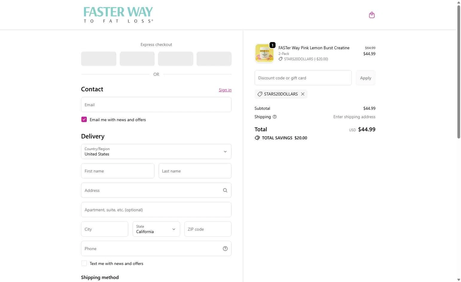 Faster Way To Fat Loss checkout page showing Faster Way To Fat Loss coupon code box | Screenshot taken by SimplyCodes community member on Feb 10, 2026