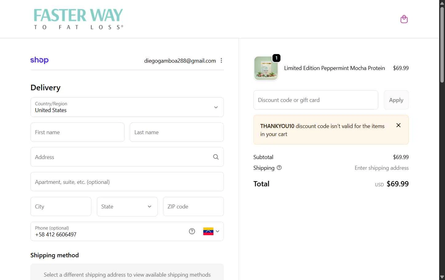 Faster Way To Fat Loss checkout page showing Faster Way To Fat Loss coupon code box | Screenshot taken by SimplyCodes community member on Jan 9, 2026