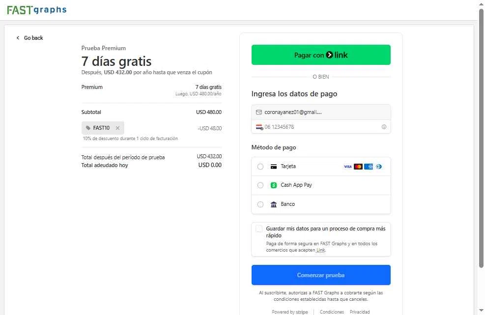 FAST Graphs checkout page showing FAST Graphs coupon code box | Screenshot taken by SimplyCodes community member on Jan 16, 2026