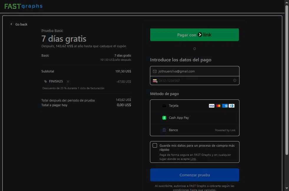 FAST Graphs checkout page showing FAST Graphs coupon code box | Screenshot taken by SimplyCodes community member on Jan 16, 2026