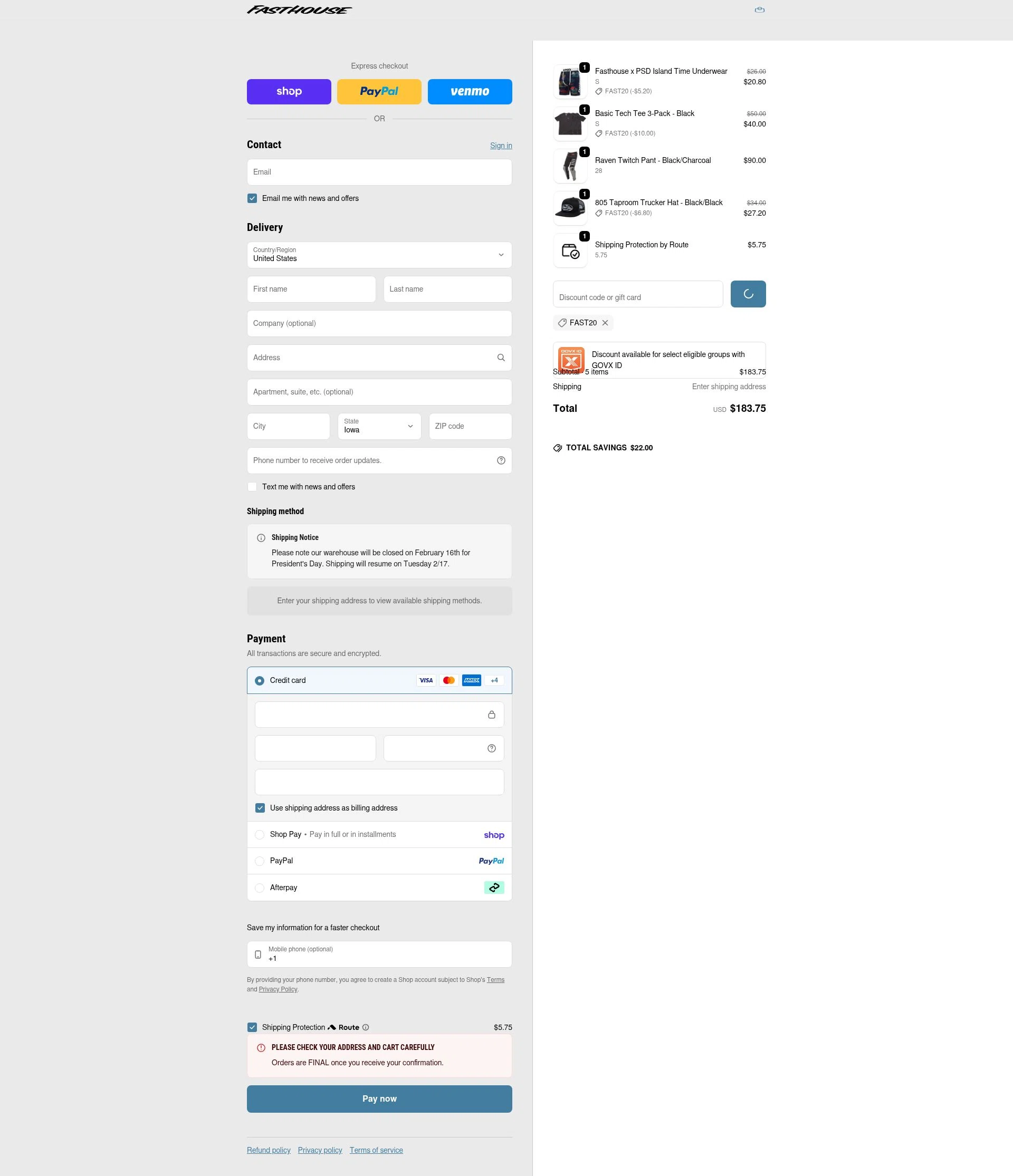 Fasthouse checkout page showing Fasthouse discount code box | Screenshot taken by SimplyCodes community member on Feb 19, 2026