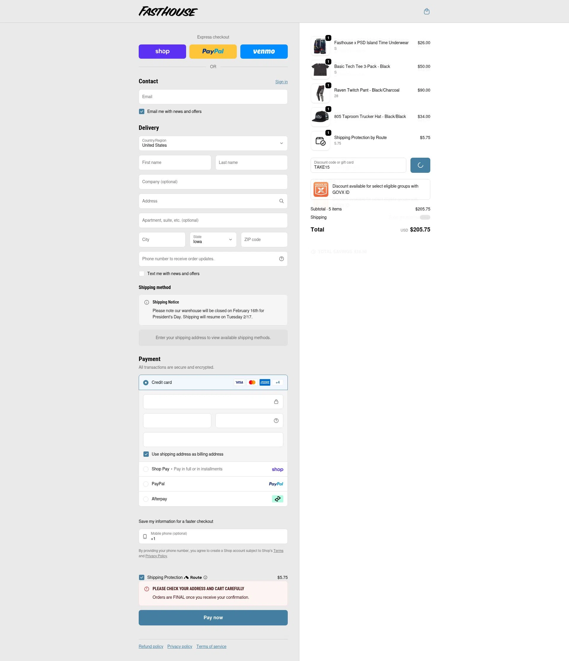 Fasthouse checkout page showing Fasthouse discount code box | Screenshot taken by SimplyCodes community member on Feb 19, 2026
