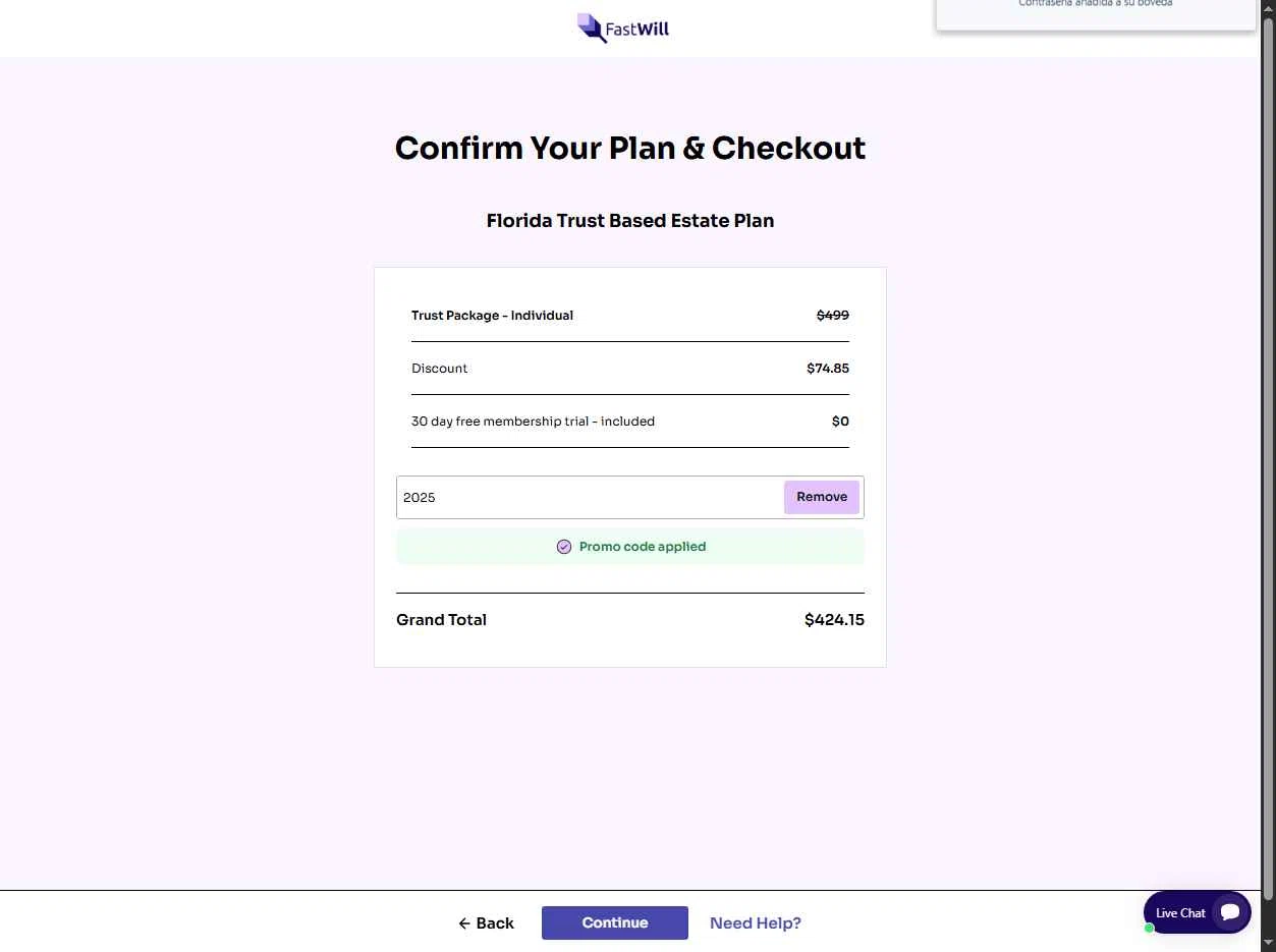 FastWill checkout page showing FastWill promo code box | Screenshot taken by SimplyCodes community member on Sep 1, 2025