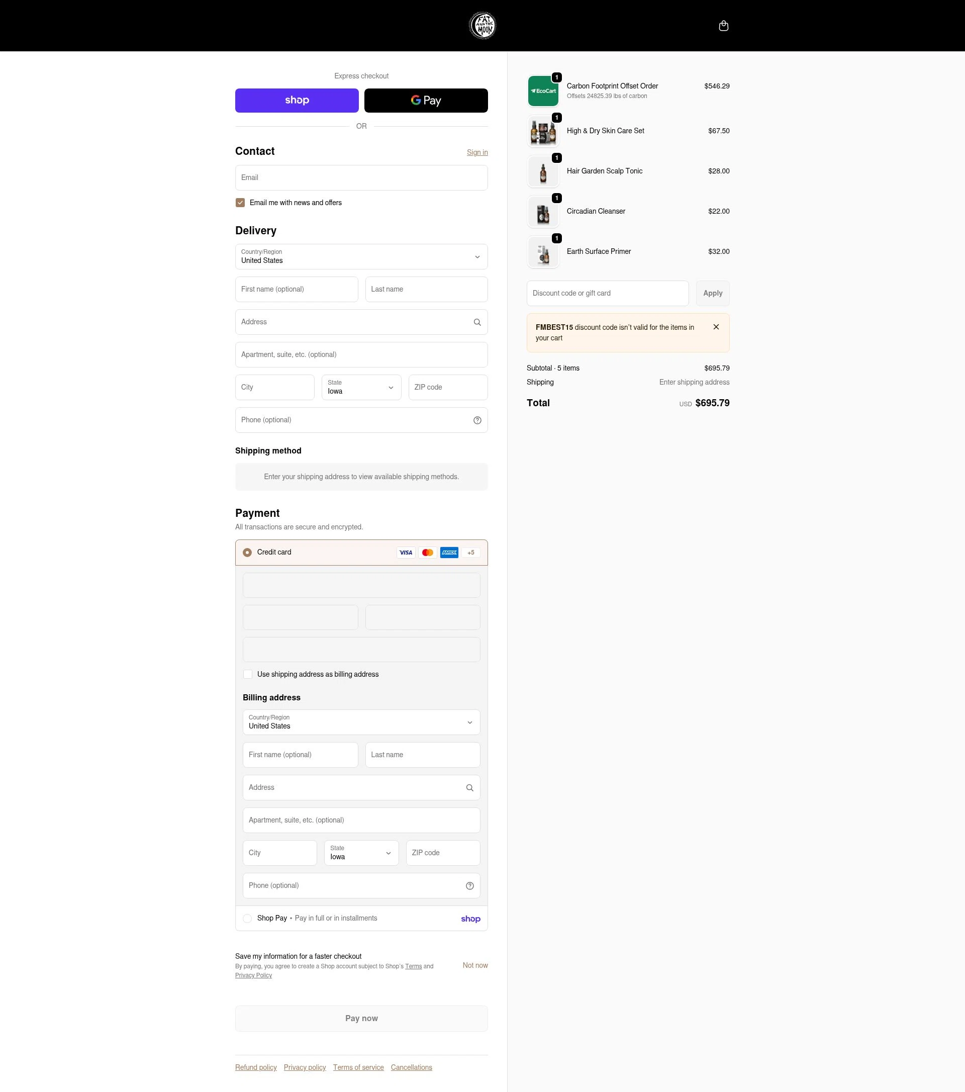 Fat and the Moon checkout page showing Fat and the Moon discount code box | Screenshot taken by SimplyCodes community member on Feb 19, 2026