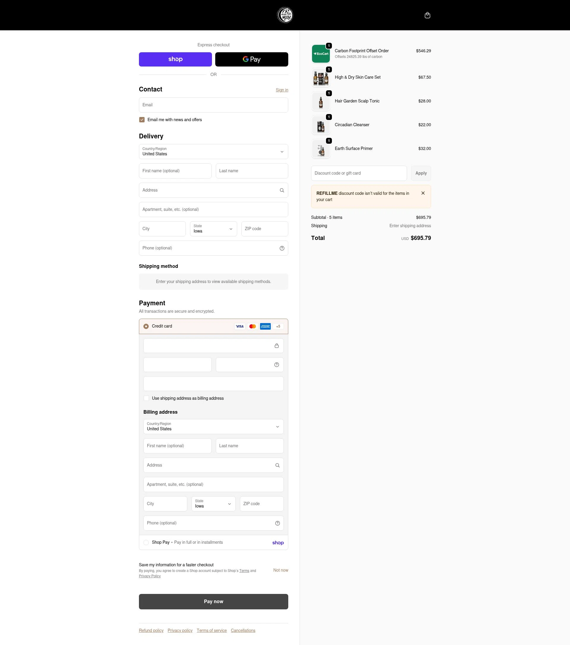 Fat and the Moon checkout page showing Fat and the Moon discount code box | Screenshot taken by SimplyCodes community member on Feb 19, 2026