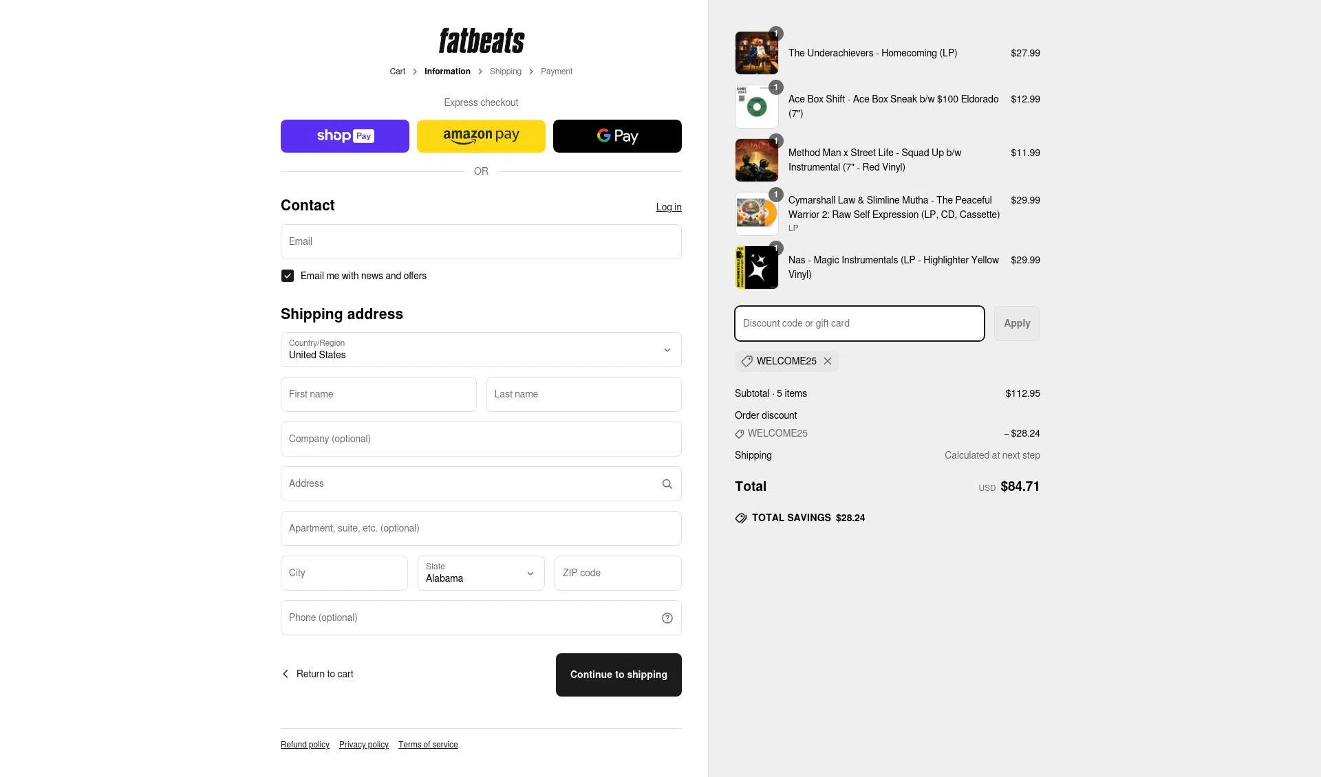 Fat Beats checkout page showing Fat Beats promo code box | Screenshot taken by SimplyCodes community member on May 2, 2025