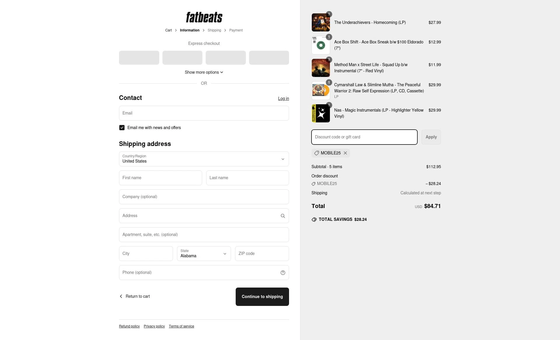 Fat Beats checkout page showing Fat Beats promo code box | Screenshot taken by SimplyCodes community member on May 2, 2025