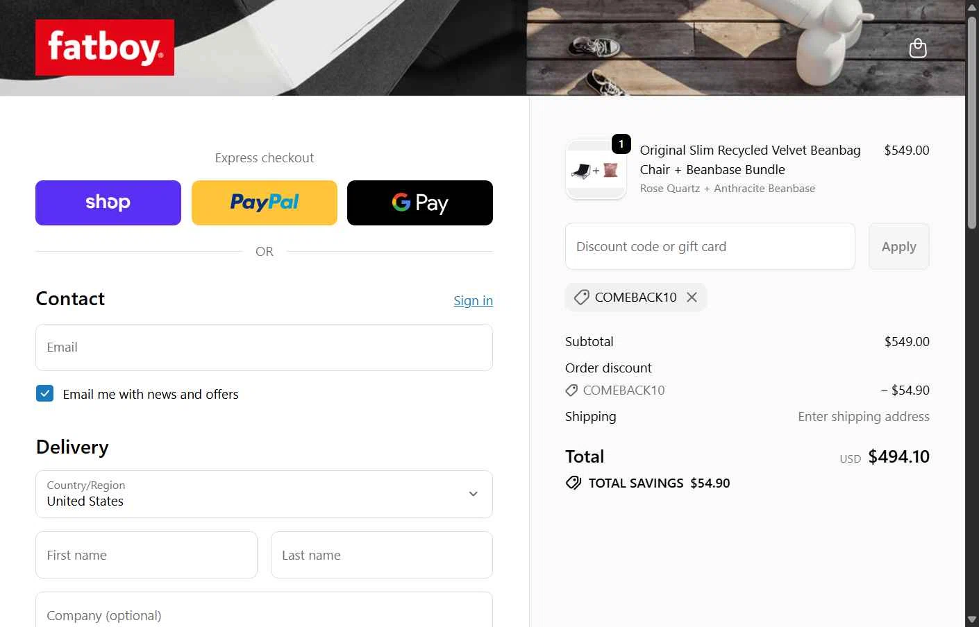 Fatboy checkout page showing Fatboy discount code box | Screenshot taken by SimplyCodes community member on Dec 29, 2025
