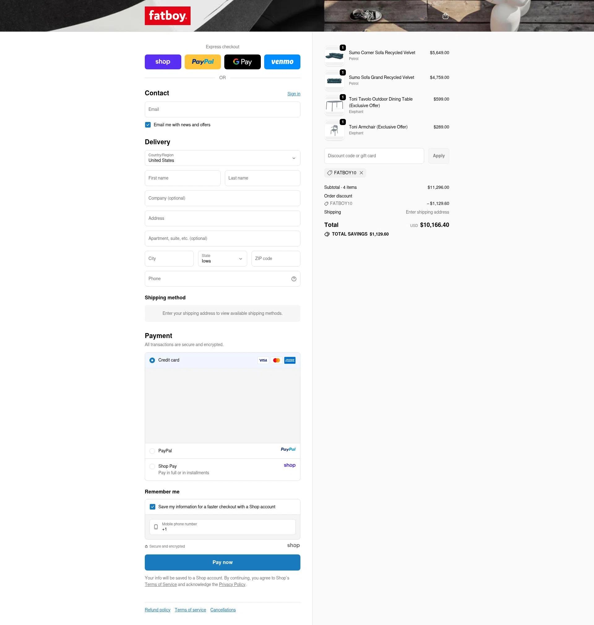 Fatboy checkout page showing Fatboy discount code box | Screenshot taken by SimplyCodes community member on Oct 23, 2025